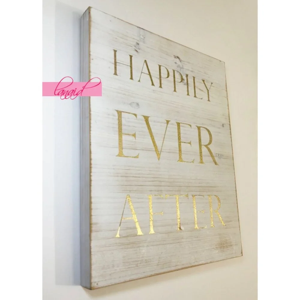 Happily Ever After All-Wood Gold Rustic Distressed Wooden Wall Hanging Art Mount